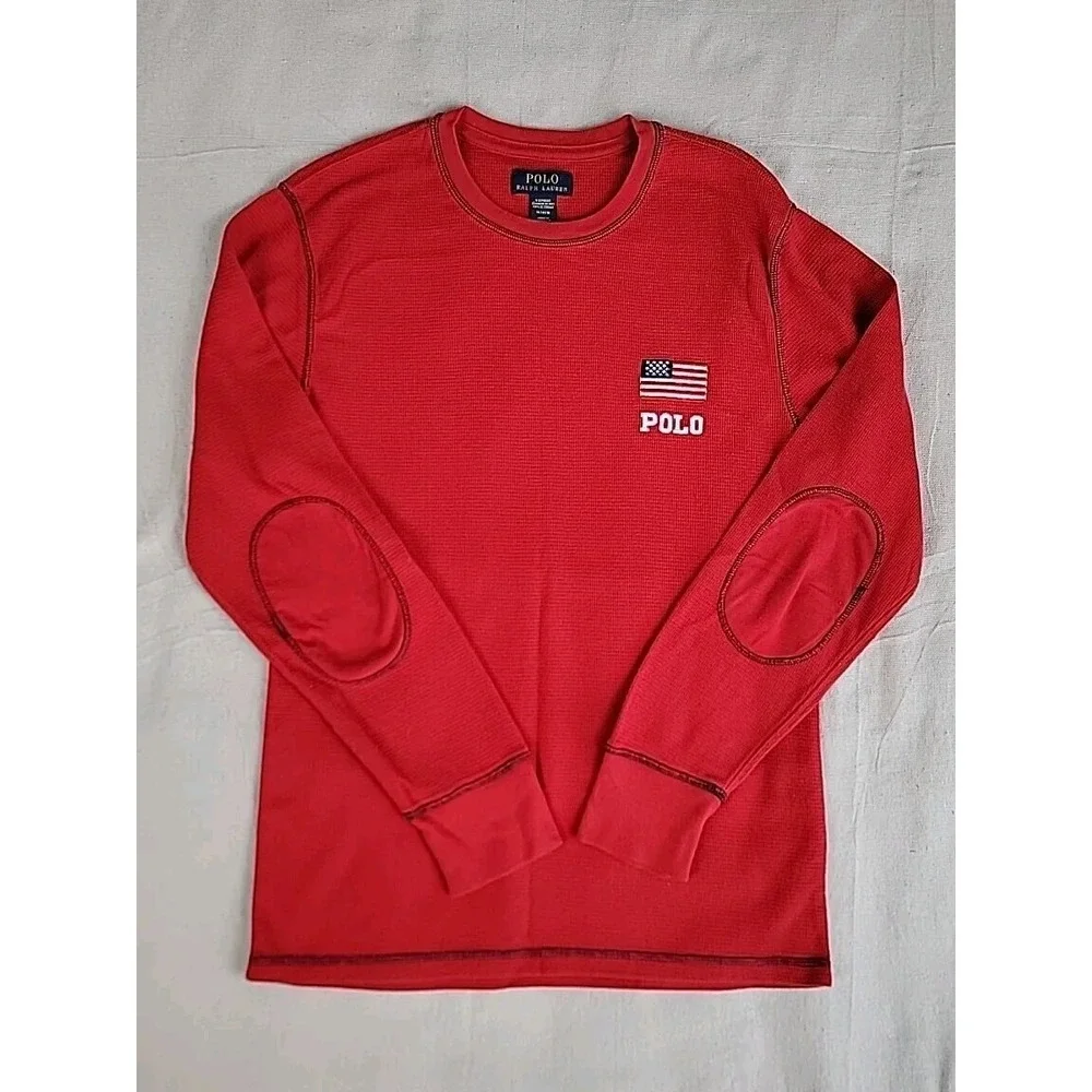 Polo Ralph Lauren Thermal Shirt Mens Medium Red Waffle Knit Elbow Patch Flag